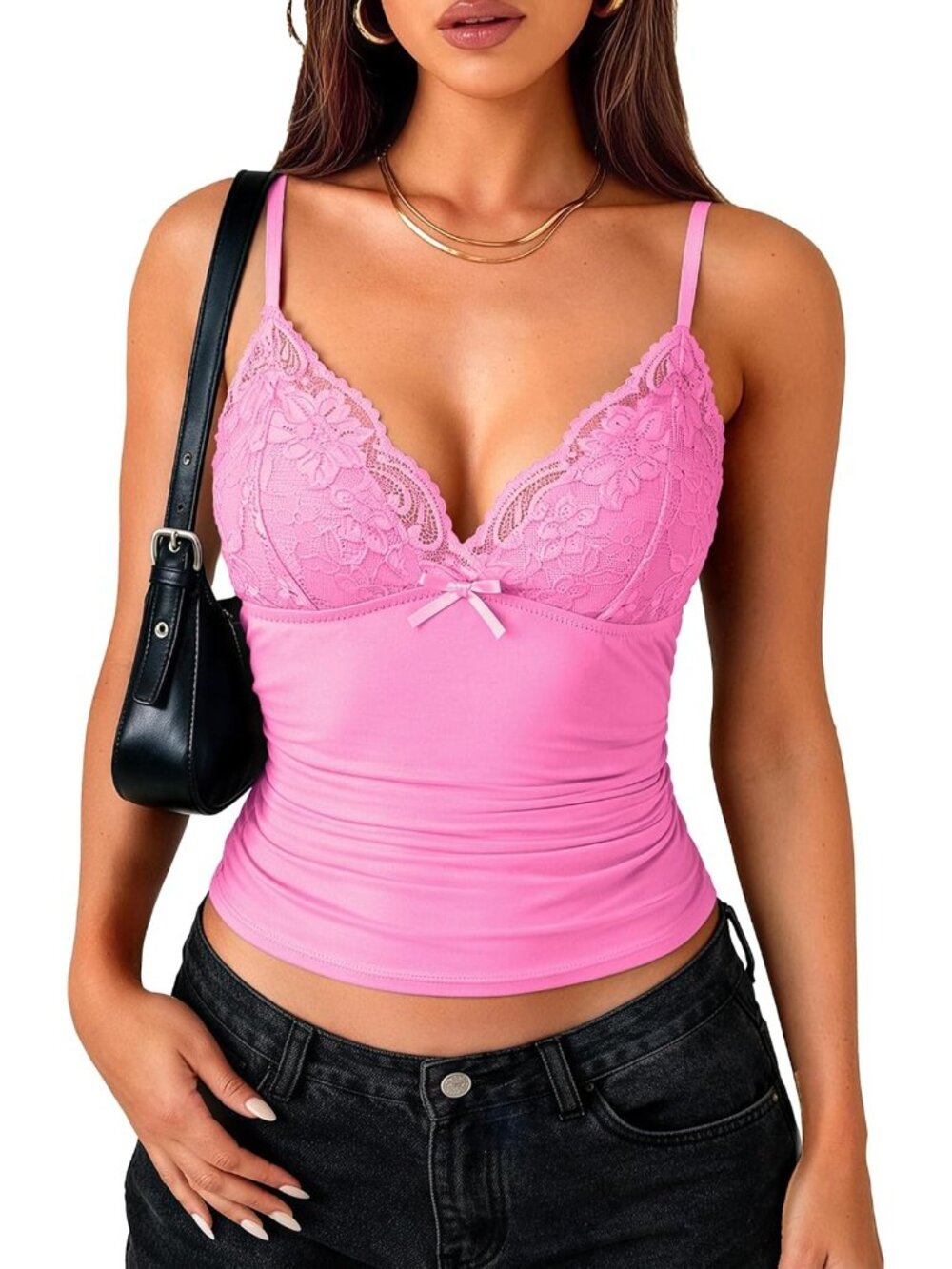 Womens Baby Pink Lace Y2K Bralette Spaghetti Strap Undershirts Slim Camisole Top